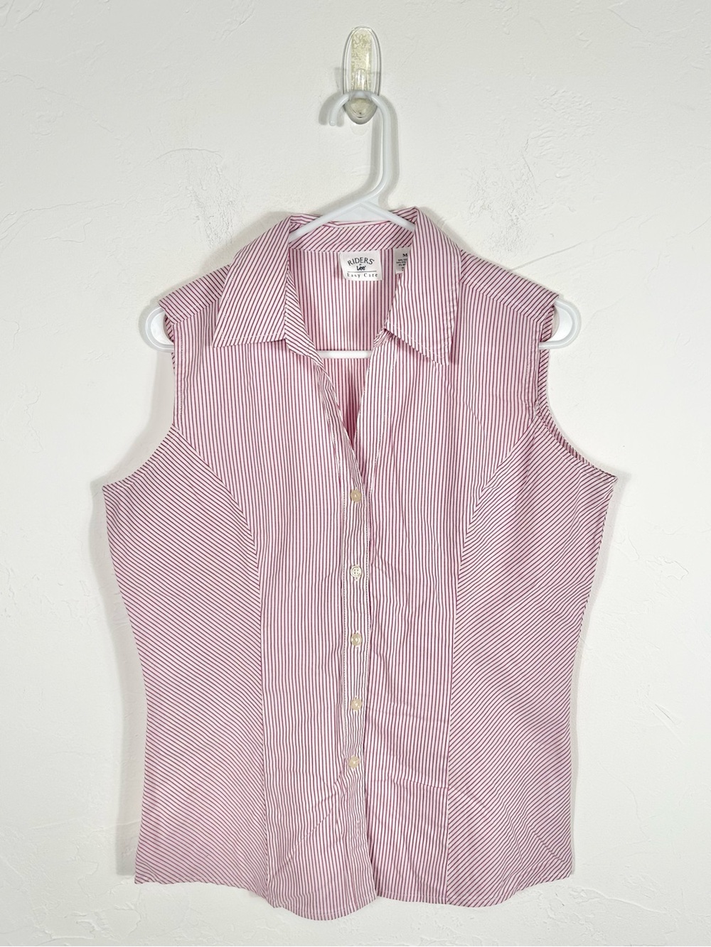 Riders by Lee Easy Care Sleeveless Striped Button Up Blouse Pink White M